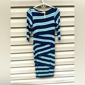 VTG Bailey 44 size S tiered bodycon bandage striped navy midi maxi dress USA